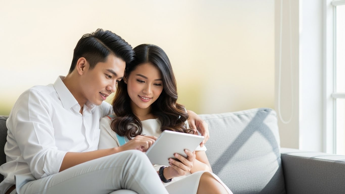 ソファに座った新郎新婦がタブレットで引き出物情報を一緒に調べている