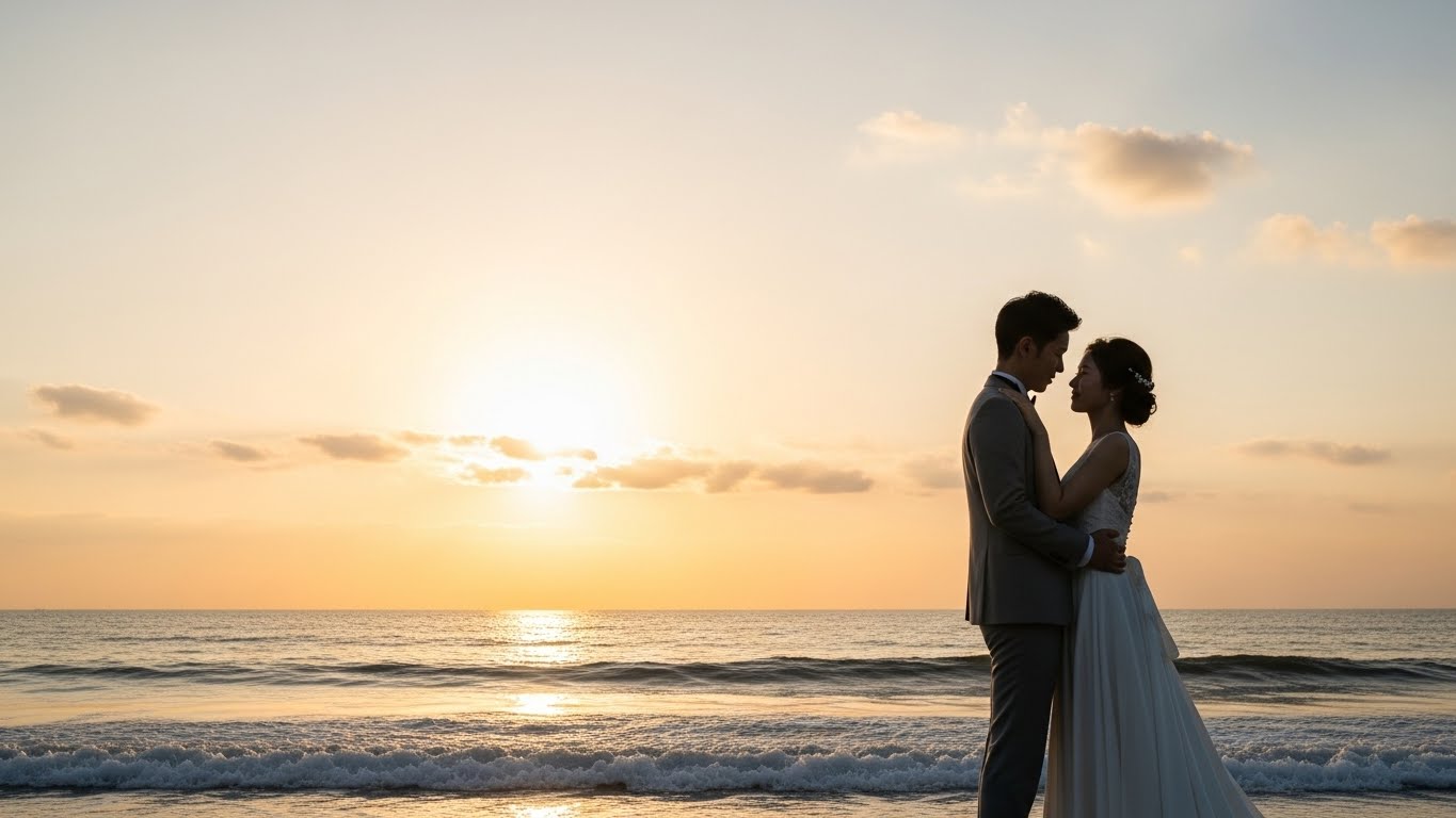 夕暮れ時の美しい海辺で新郎新婦がシルエットとなり寄り添っている様子