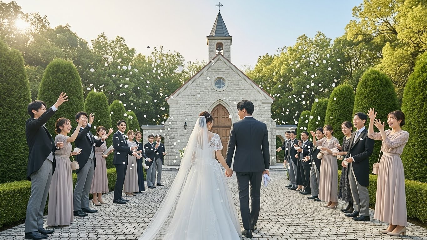 チャペル前でゲストに見送られながら幸せそうに歩く新郎新婦の後ろ姿