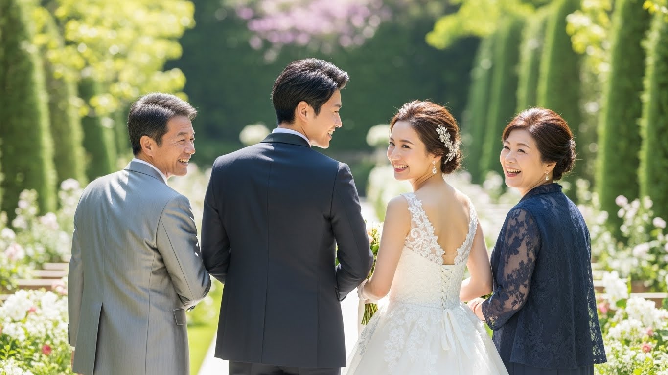 結婚式場のガーデンで親族と笑顔で記念撮影をする新郎新婦の後ろ姿