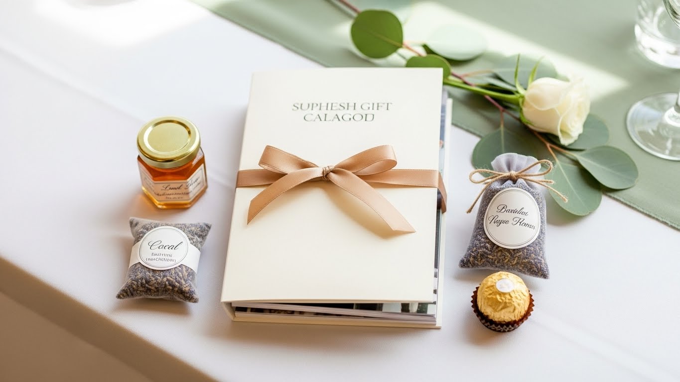 結婚式会場のゲストテーブルに美しくセッティングされたカード型カタログギフトと引き出物セット