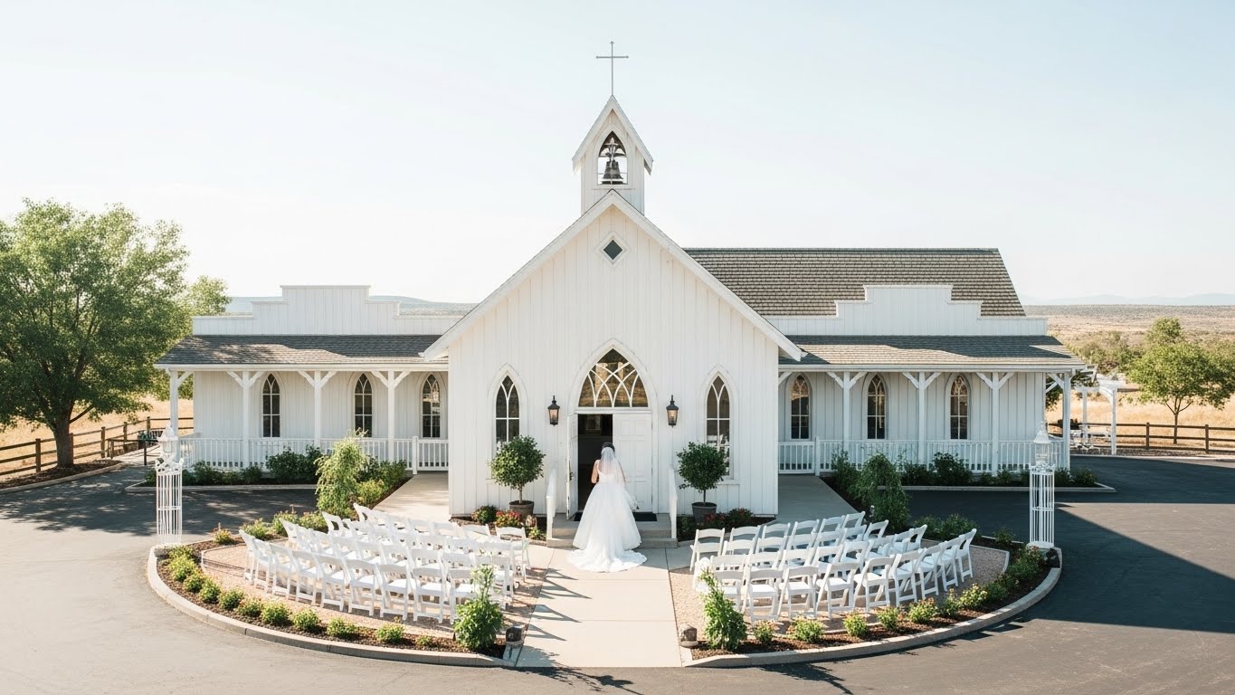 美しい結婚式のチャペル外観を遠景で捉えた明るく開放的な構図