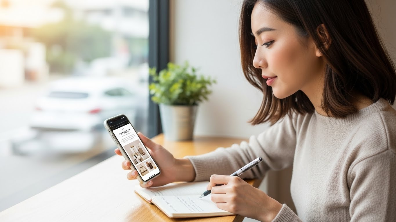 カフェの窓際でスマートフォンで引き出物情報を検索しメモを取る20代女性