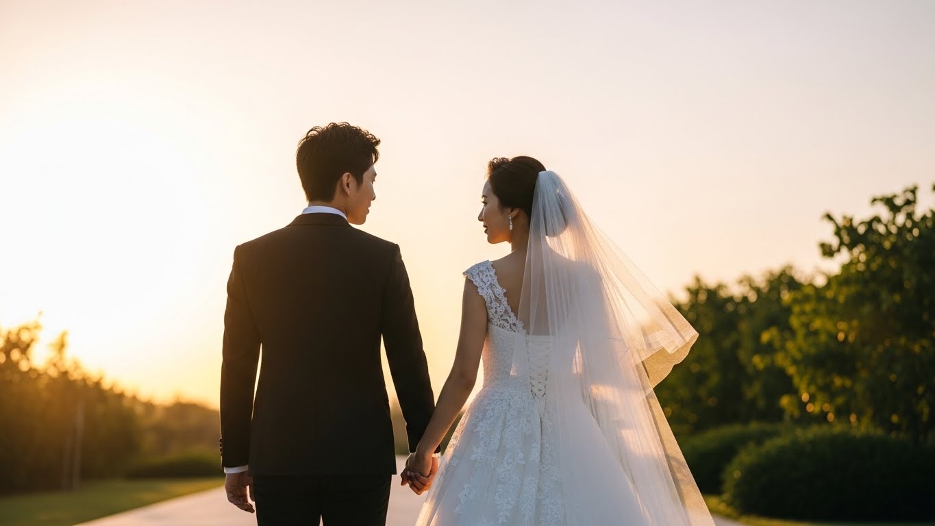 結婚式を終えた新郎新婦が夕日の中で手を繋いで歩く幸せな後ろ姿