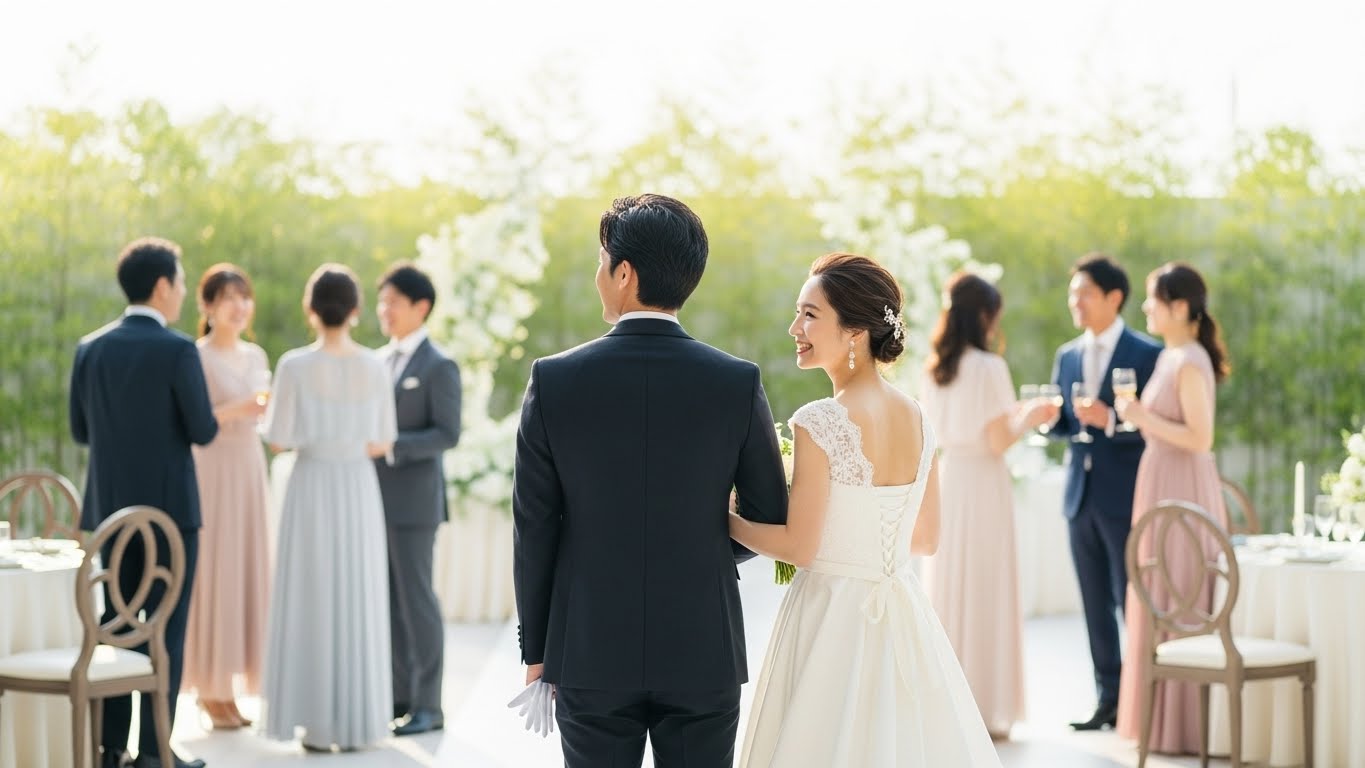 結婚式場のゲストエリアで笑顔で会話するゲストを遠くから見守る新郎新婦