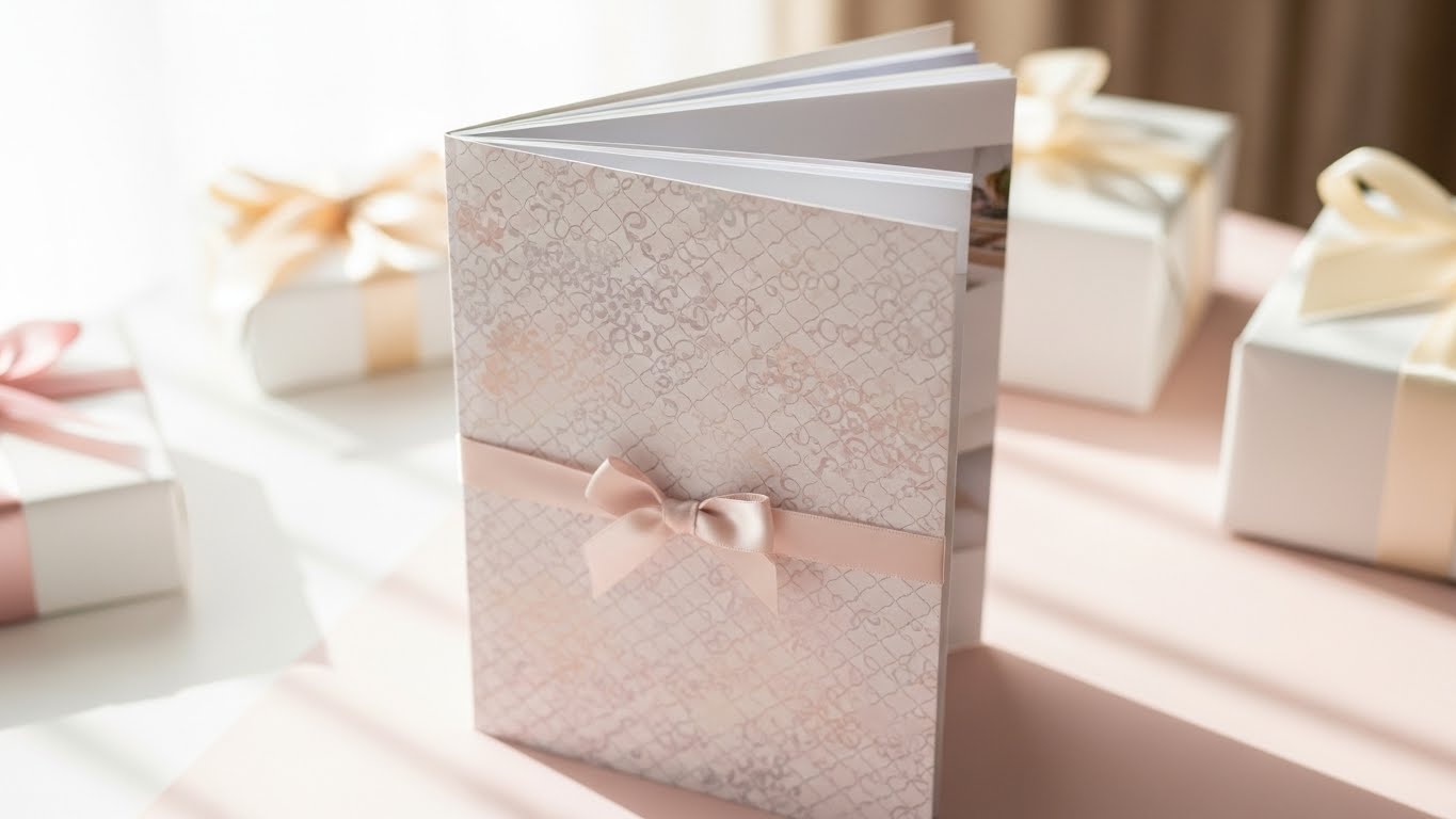 式場ギフトコーナーにリボンで飾られたカタログギフトの冊子が置かれている様子