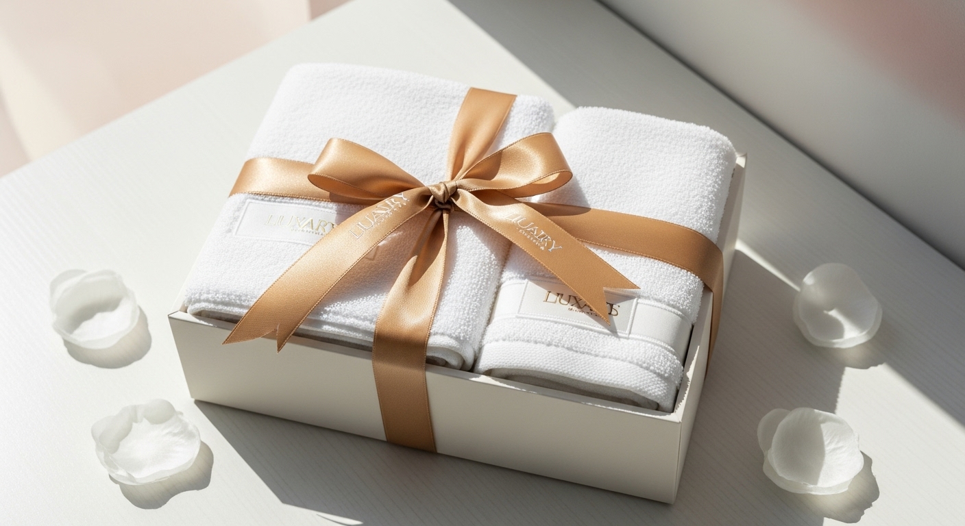 ブライダルショップに陳列された上質な箱入りブランドタオルギフト