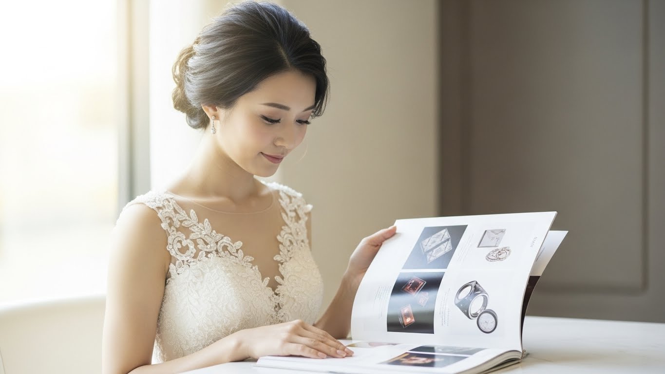 ブライダルサロンでカタログギフトを選ぶアジア人新婦の様子