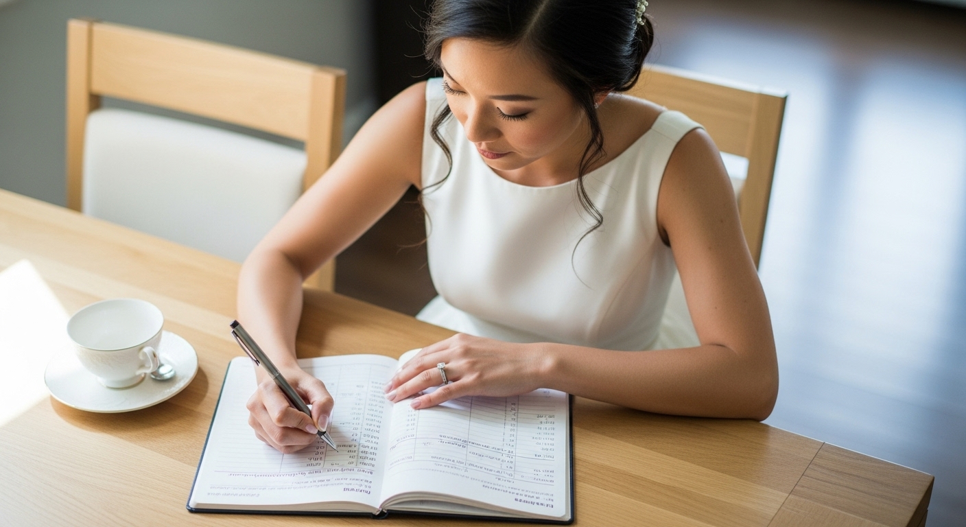 自宅のテーブルでノートに引き出物予算を書き込む新婦