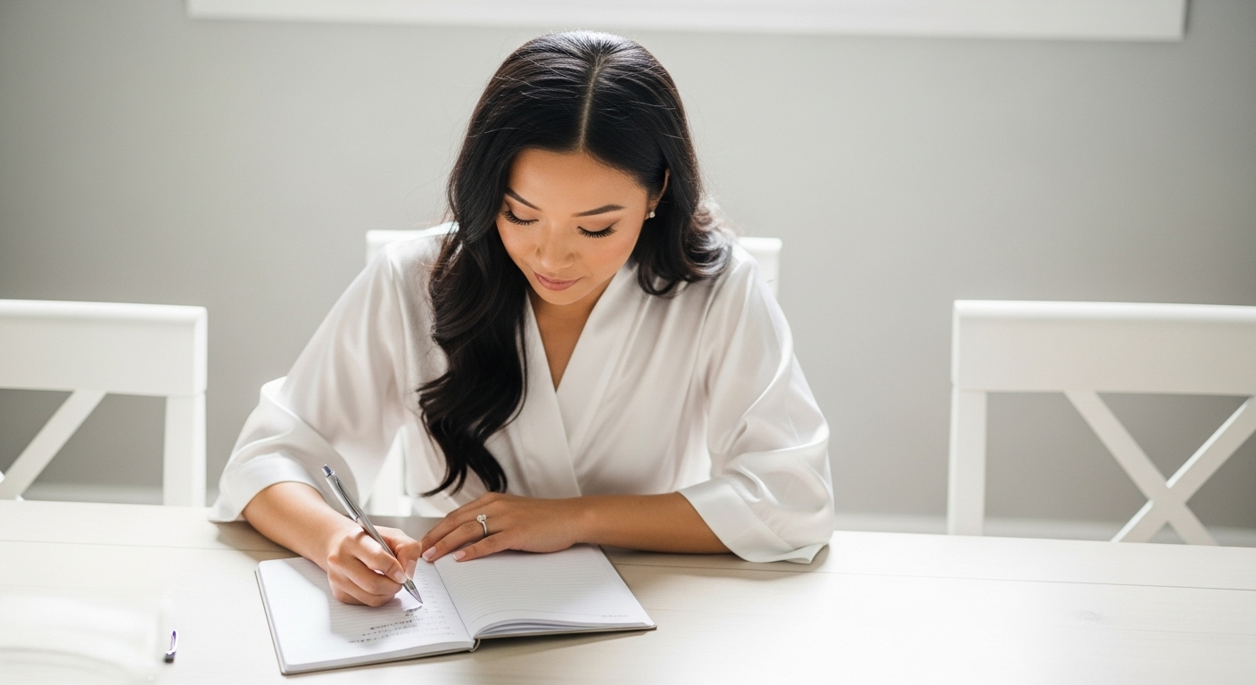 自宅のテーブルでノートに引き出物予算を書き込む新婦