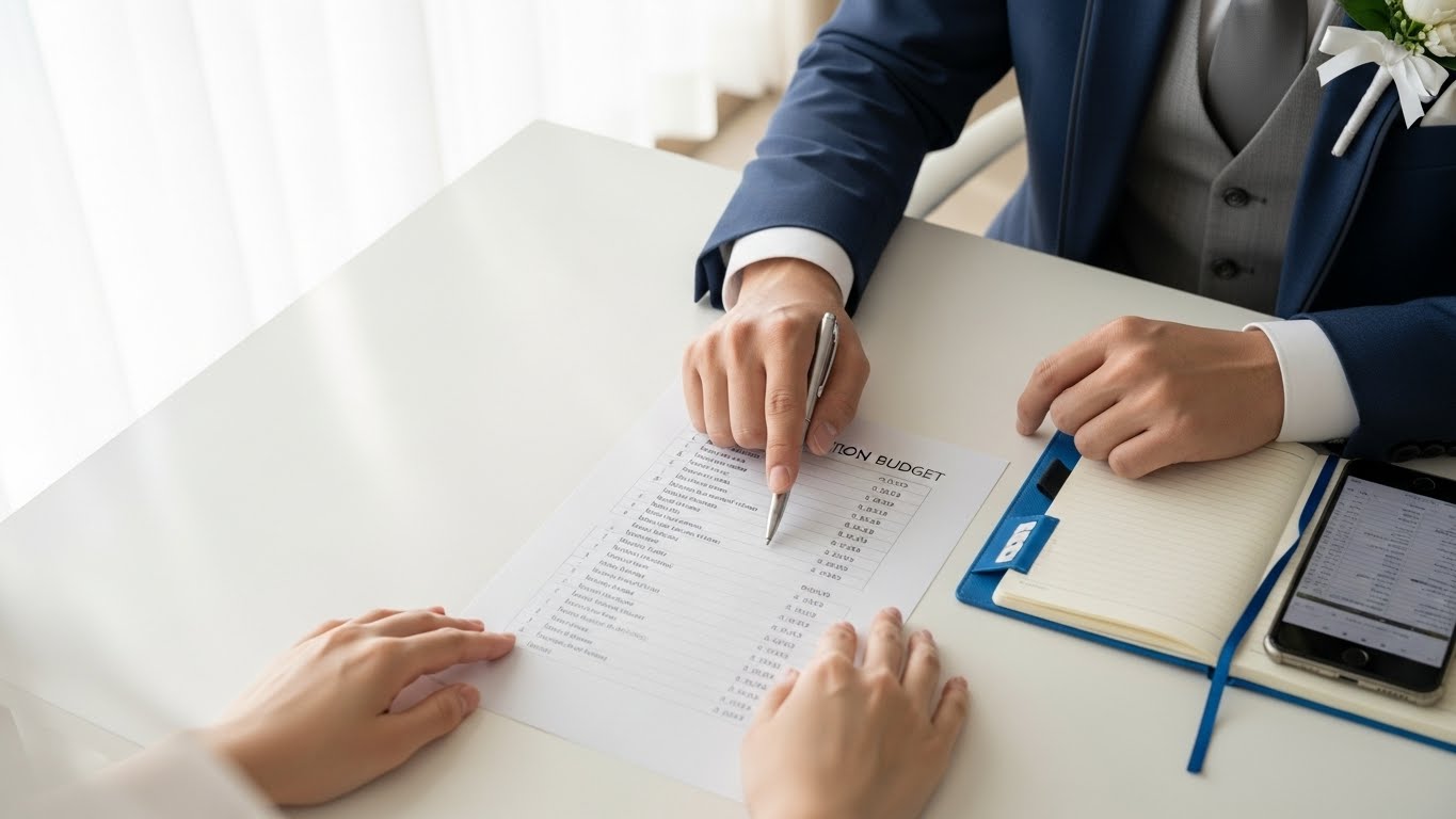 ブライダルサロンで上司の役職リストを見ながら引き出物予算を相談する新郎新婦