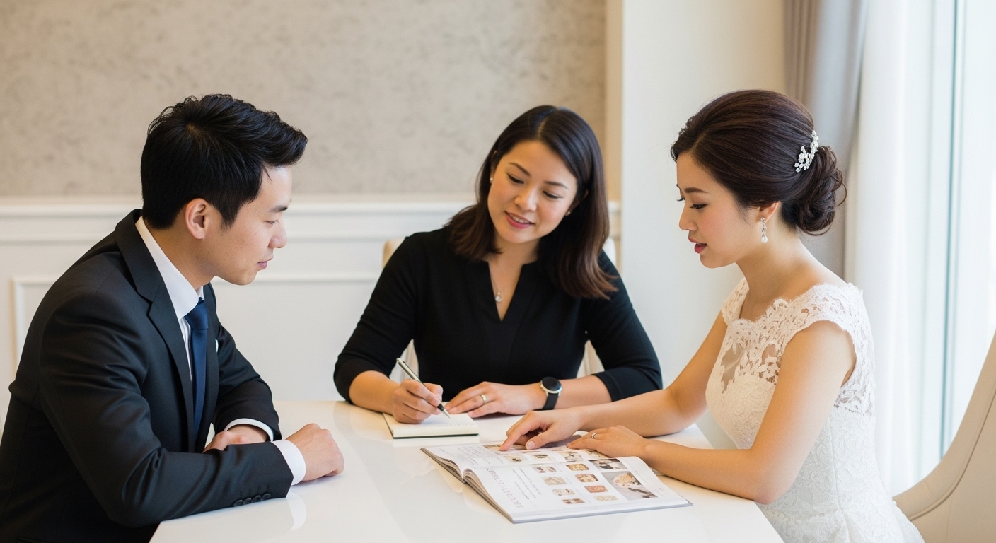 ブライダルサロンでプランナーと引き出物カタログを見ながら真剣に相談する新郎新婦