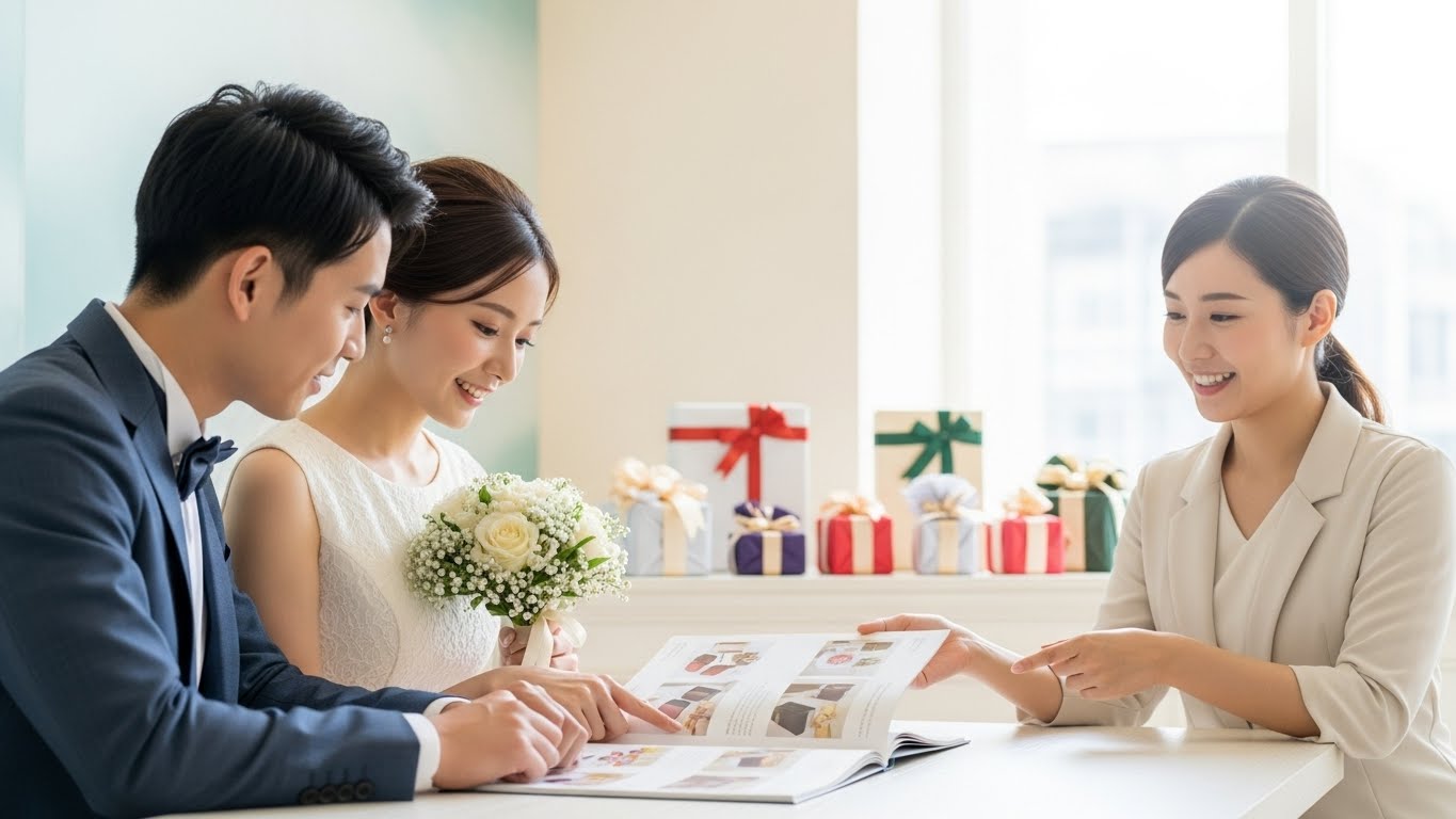 結婚式場オフィスでプランナーと引き出物選びの打ち合わせをする新郎新婦