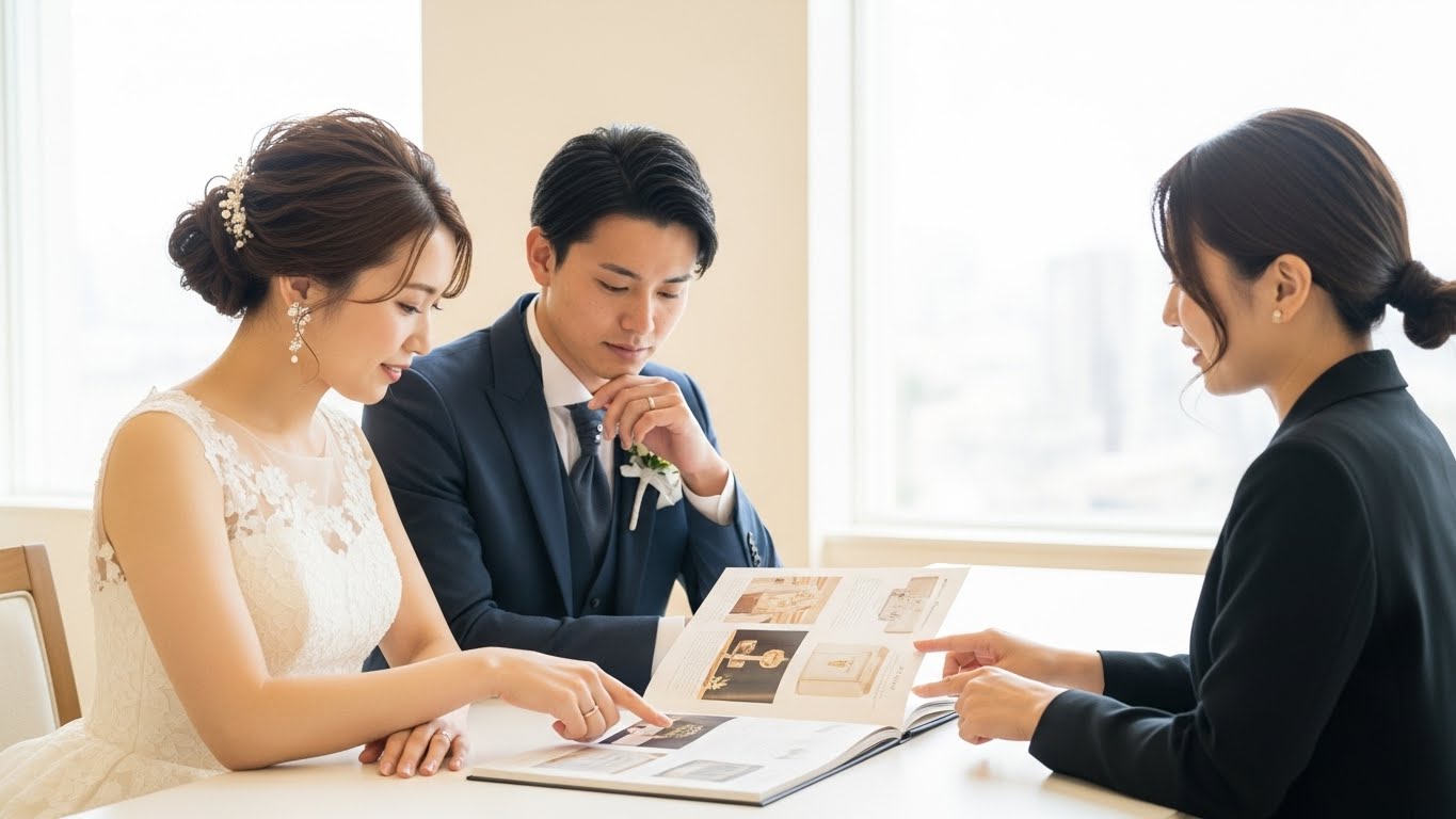 式場の打ち合わせルームで新郎新婦がプランナーと引き出物カタログを選んでいる様子