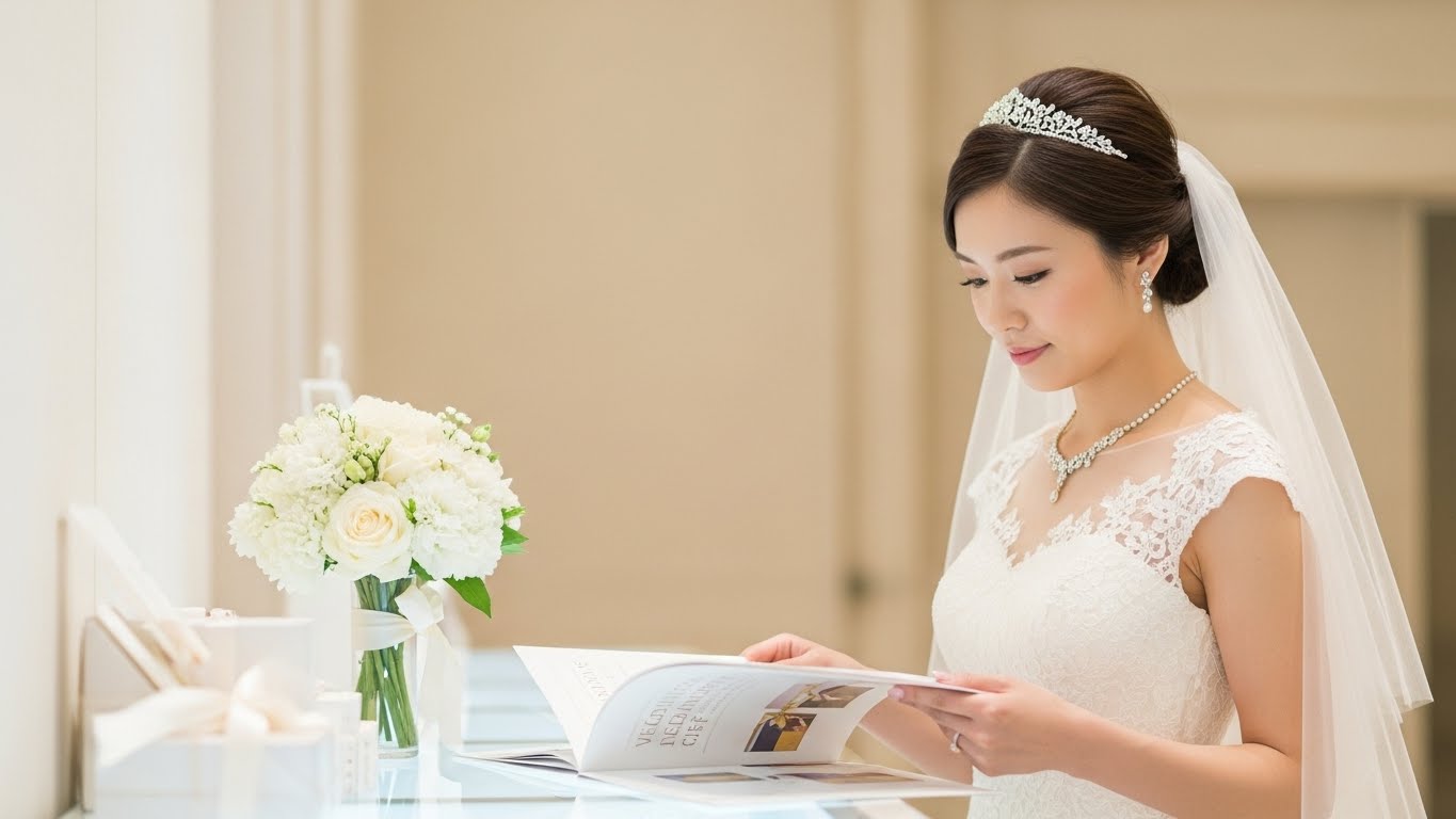 結婚式場のギフトカウンターで引き出物を真剣に選ぶ新婦の様子