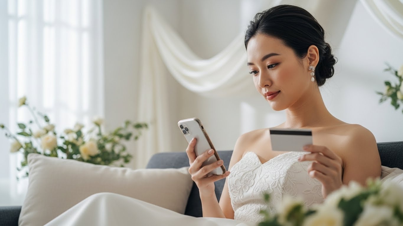 ソファに座ってスマートフォンで引き出物商品を選ぶ女性ゲストの様子