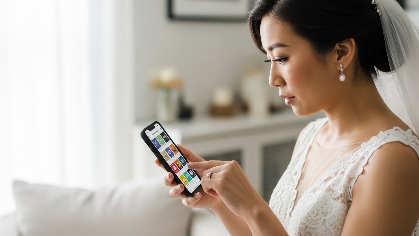 自宅でスマートフォンでカード型引き出物を選ぶ新婦