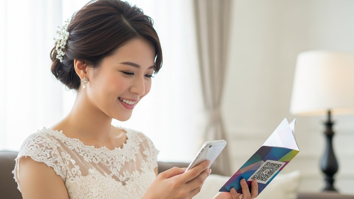 自宅リビングでスマートフォンを使い、カード型カタログギフトから商品を選ぶ女性ゲスト