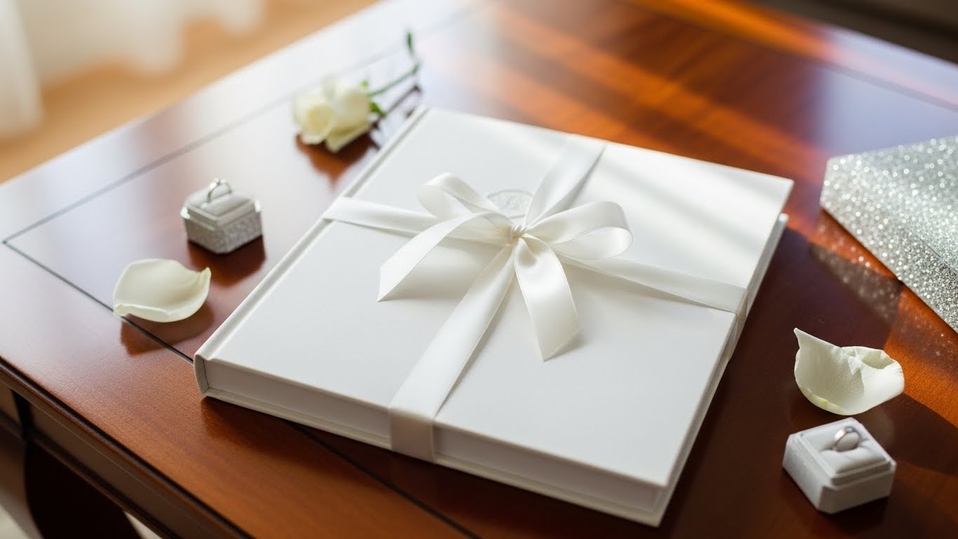 白いリボンで包まれた結婚式フォトアルバムがリビングテーブルに置かれている様子