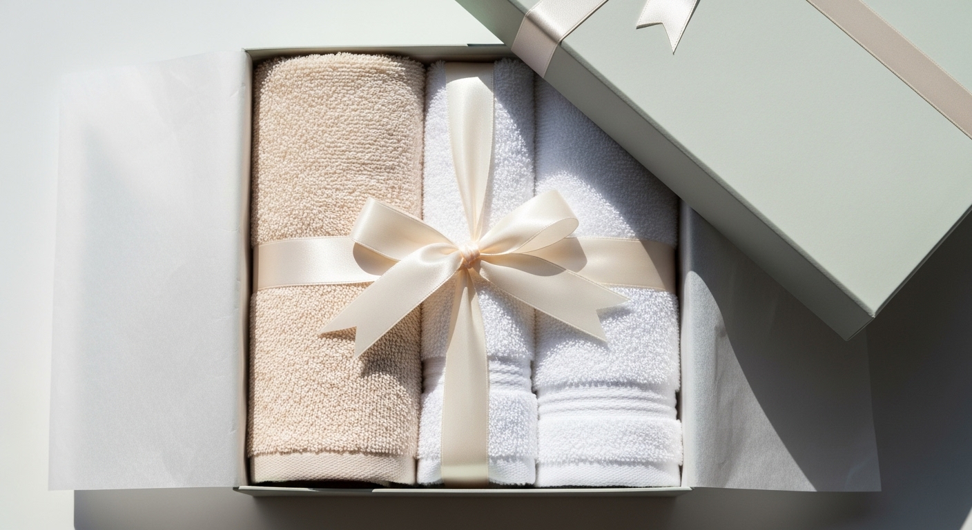 開封されたギフトボックスの中でリボンで美しくラッピングされた上質なブランドタオルセット