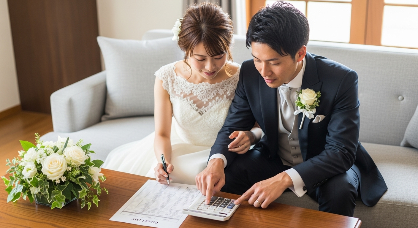 自宅ソファでゲストリストと電卓を見ながら関係性別の予算を相談する新郎新婦