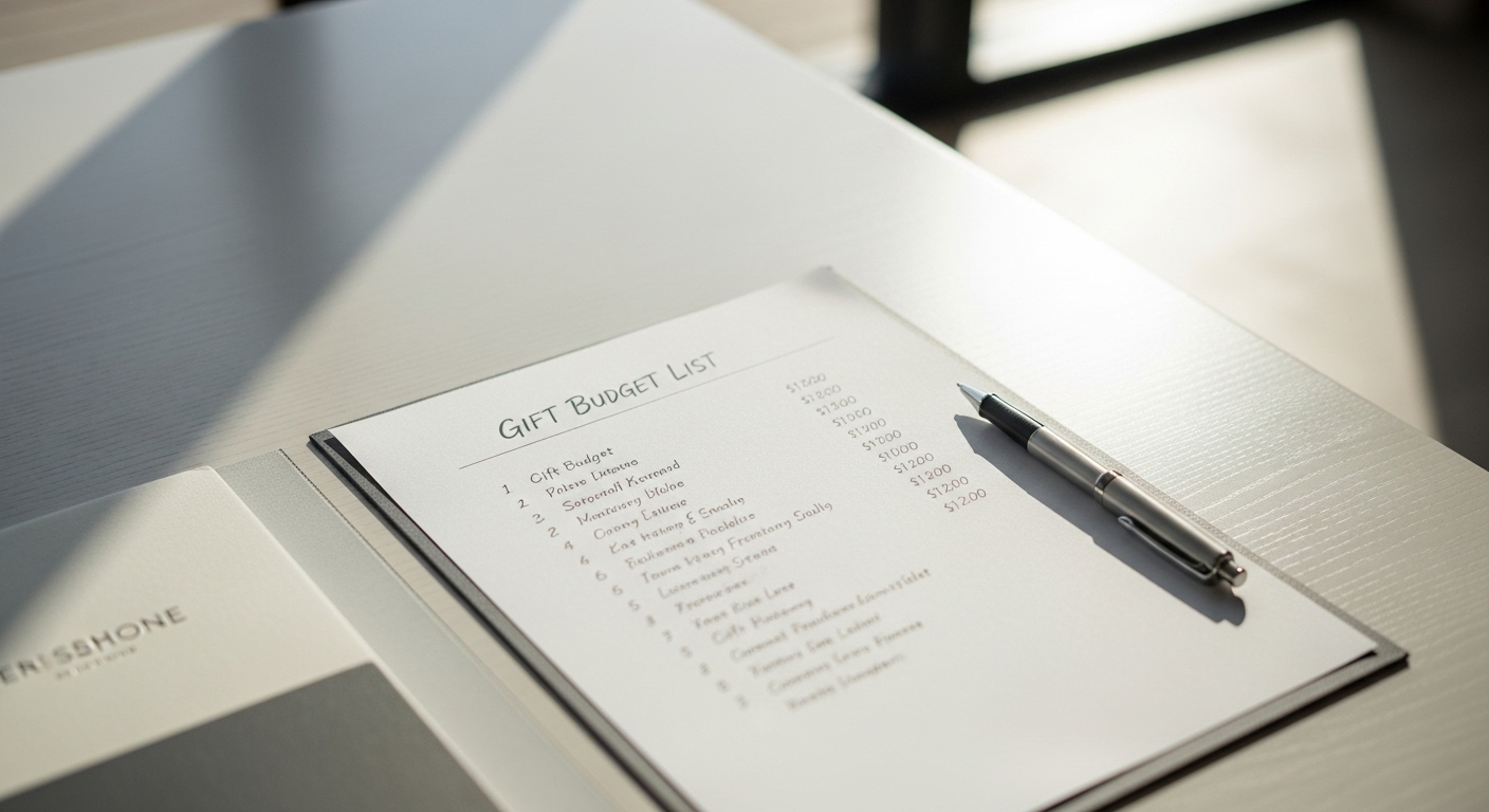 結婚式場の打ち合わせルームに広げられた引き出物予算リスト