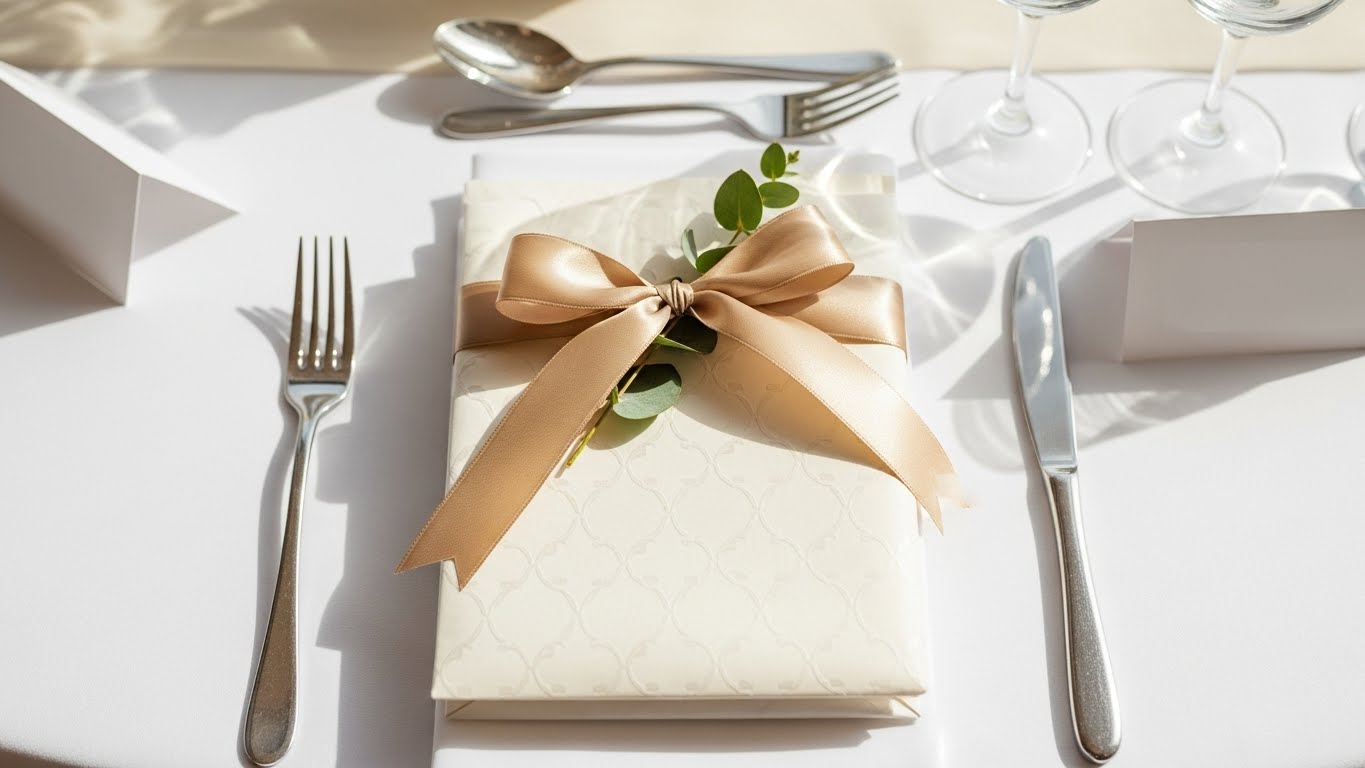披露宴会場のテーブルに置かれた美しく包装された引き出物袋