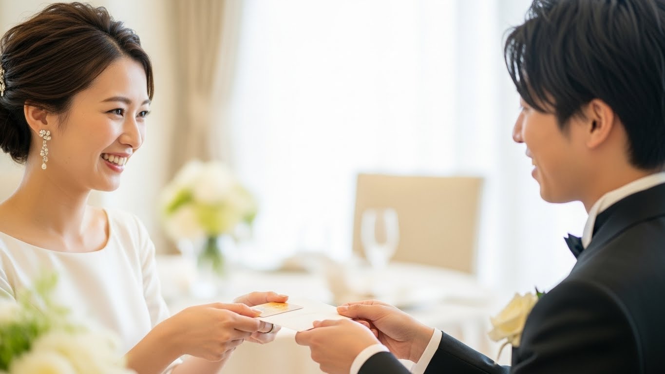 披露宴会場で新婦が友人ゲストに引き出物カードを笑顔で手渡す様子