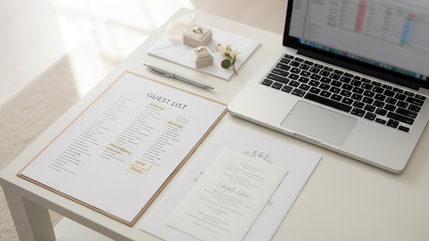 自宅リビングでノートパソコン横に広げられたゲスト名簿とランク分類メモ