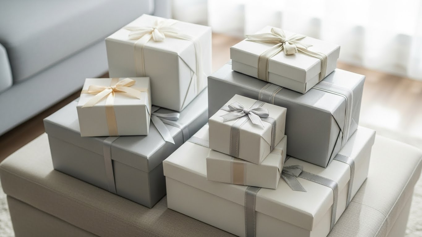 自宅のリビングに余剰在庫として保管されている包装済み引き出物ギフトボックス