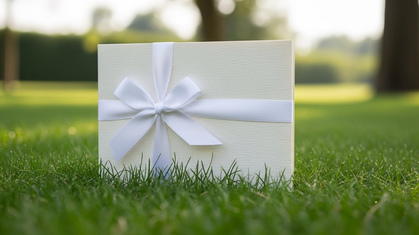 屋外ガーデンの緑の芝生の上に白いリボンで包まれたカード型カタログギフト