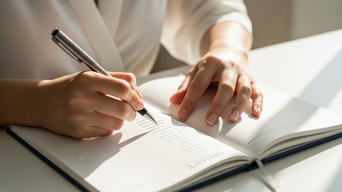 書斎でノートとペンを使ってゲストリストを整理する新婦の手元