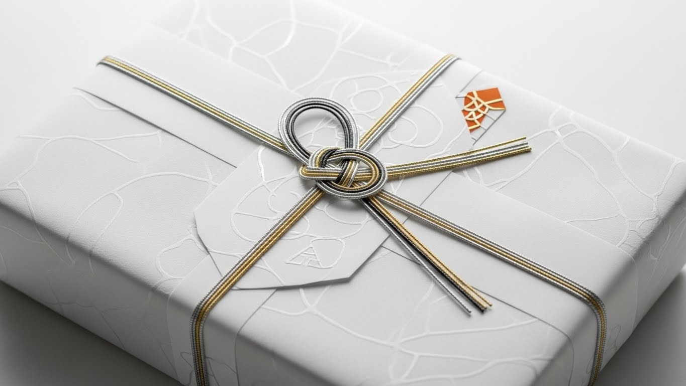 上司への引き出物の正式な贈り方を示す結び切りののし紙とメッセージカードが添えられたギフトボックス