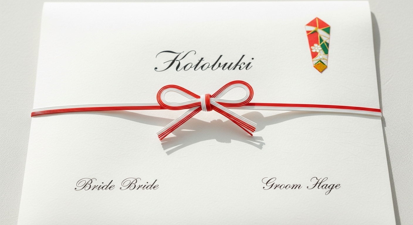 上質な和紙に結び切り水引と寿の表書き・新郎新婦連名が記載された名披露目のし紙