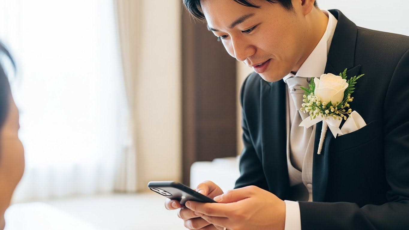 式場控室でスマートフォンで高齢ゲストの代理注文をする新郎
