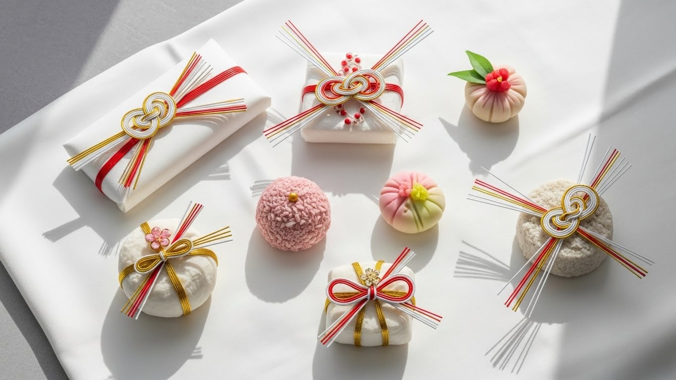 白い布の上に美しくリボンで結ばれた引き菓子と水引飾りが置かれている様子