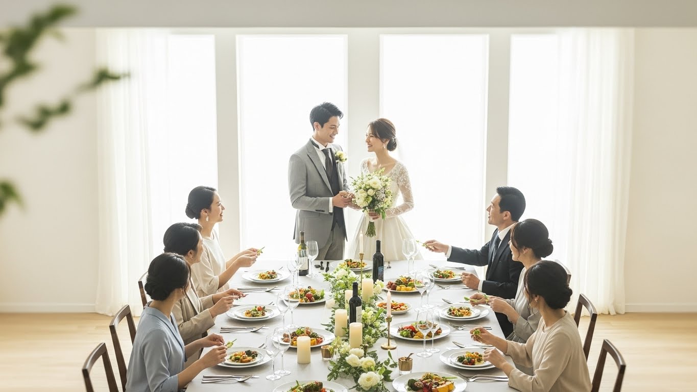 新居で両親に感謝の食事会を開く新郎新婦の様子を俯瞰撮影