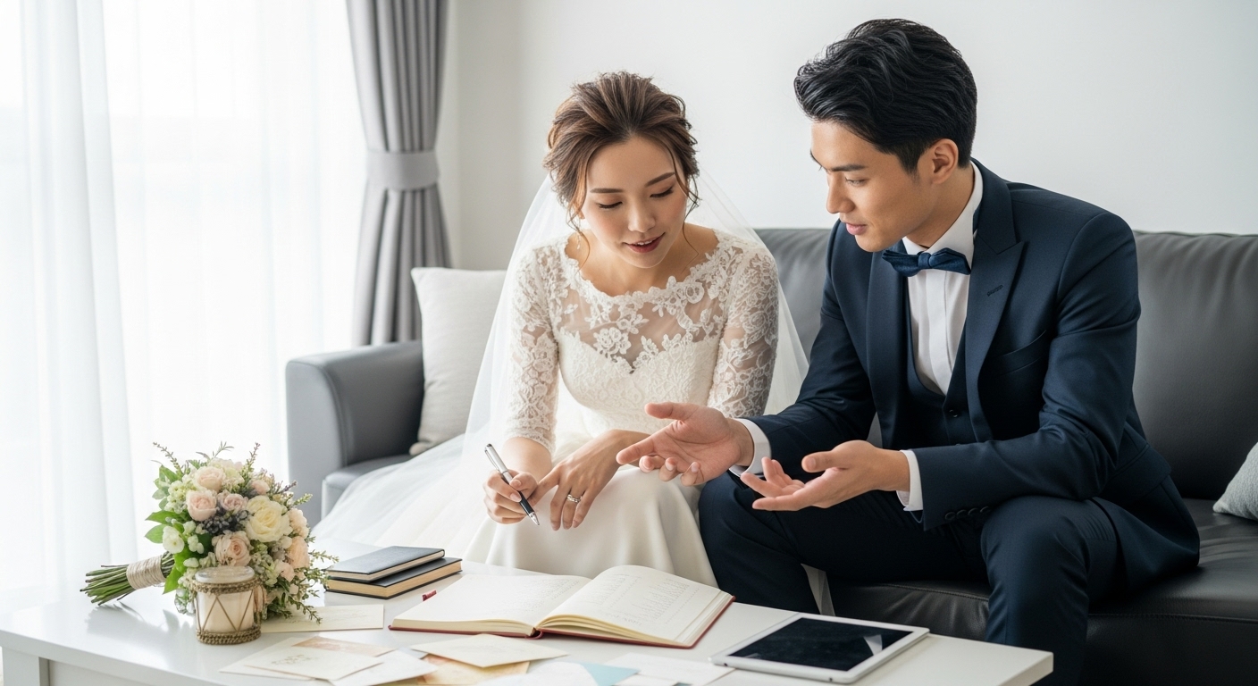 自宅のソファでゲストリストを見ながら話し合う新郎新婦