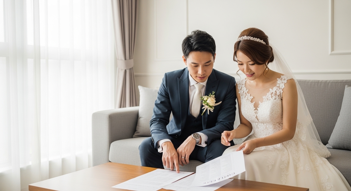 自宅のソファでゲストリストを見ながら話し合う新郎新婦