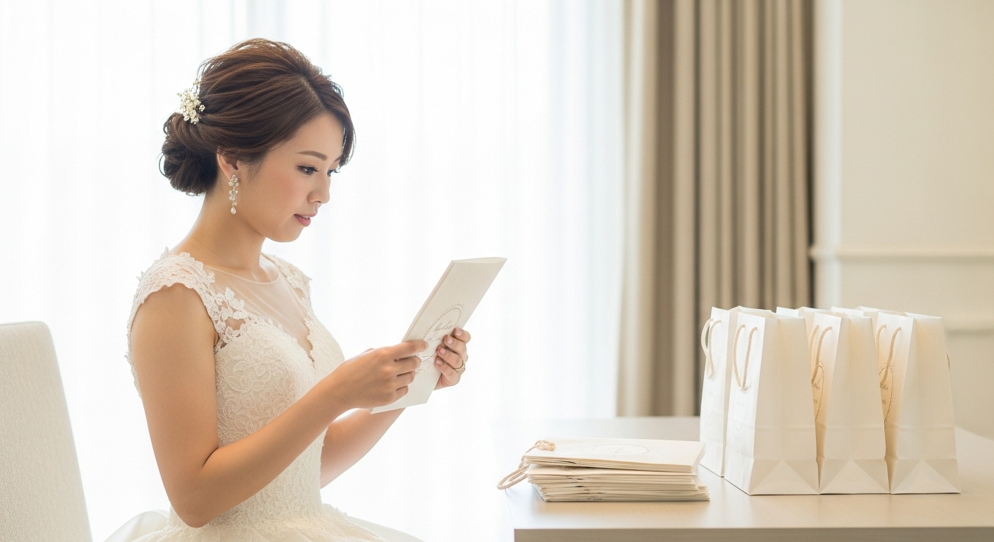 披露宴会場の控室で同じデザインの引き出物紙袋を丁寧に最終チェックする新婦