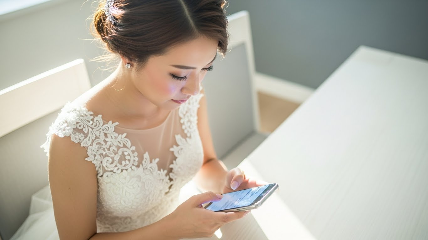 自宅のダイニングで新婦がスマートフォンでKIZUNAのサービス内容を確認している手元