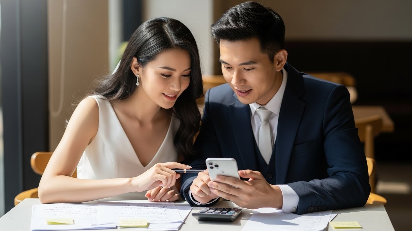 カフェでスマートフォンと電卓を使って予算を計算しながら話し合う新郎新婦