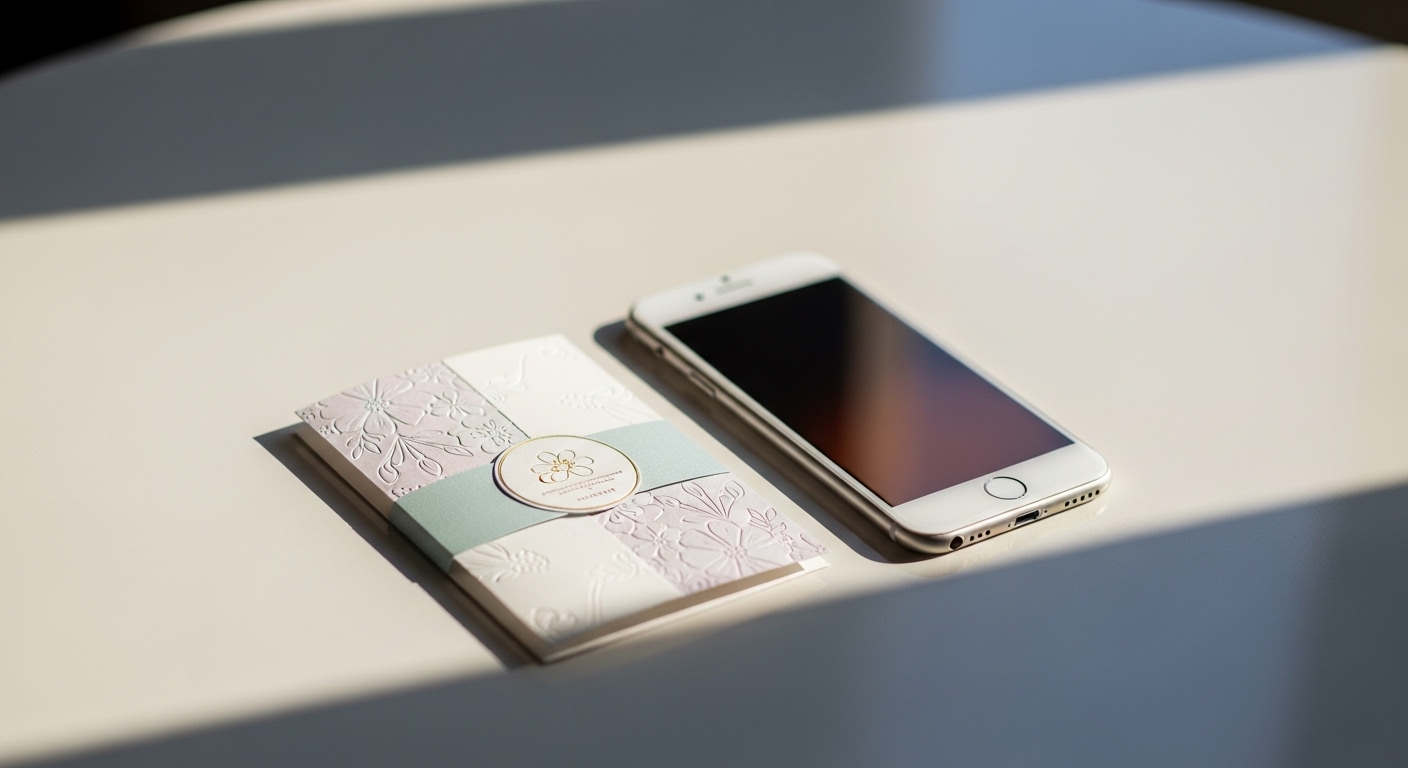 洗練されたテーブル上でスマートフォンと一緒に置かれた現代的なカード型引き出物