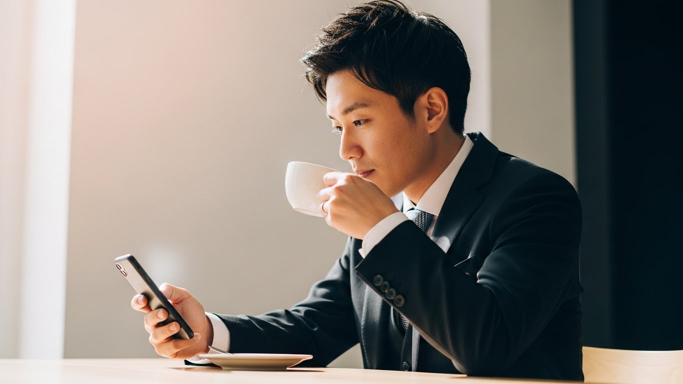 カフェでコーヒーを飲みながらスマートフォンで引き出物商品を吟味する男性ゲスト