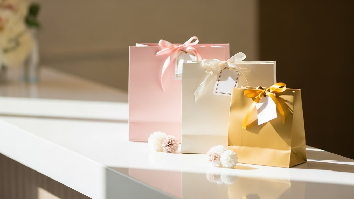 披露宴会場の受付カウンターにきれいに整列して置かれた引き出物の紙袋