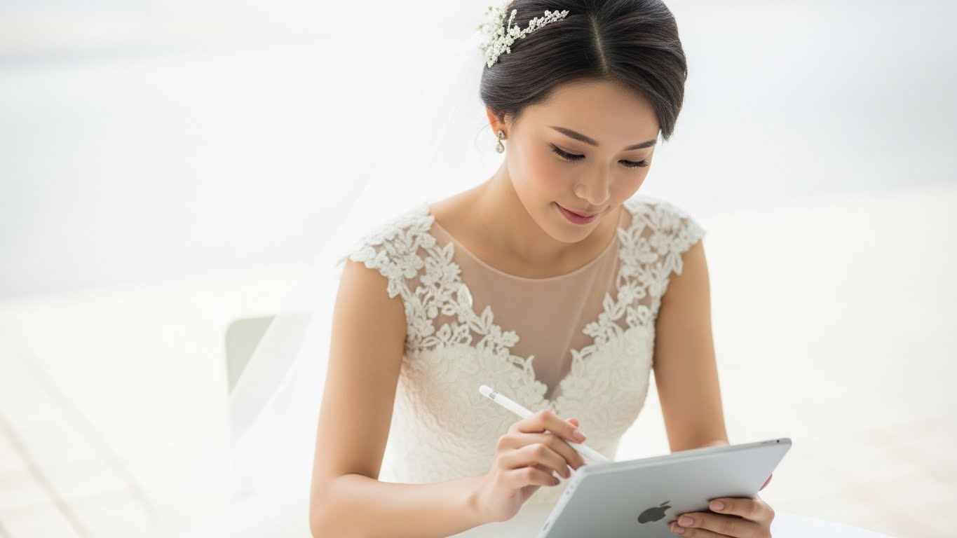 カフェのテラス席でタブレットを使い各ゲストに合わせたカタログギフトを選ぶ新婦