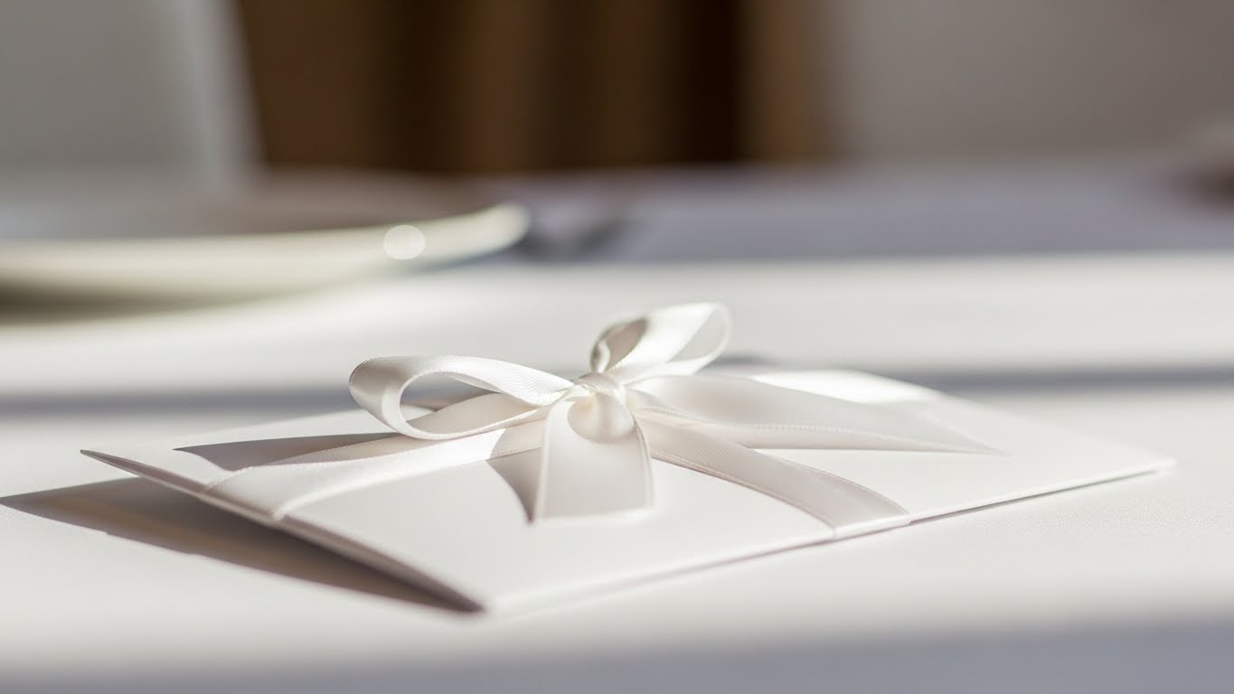 結婚式場の受付に白いリボンで飾られて置かれたカード型引き出物