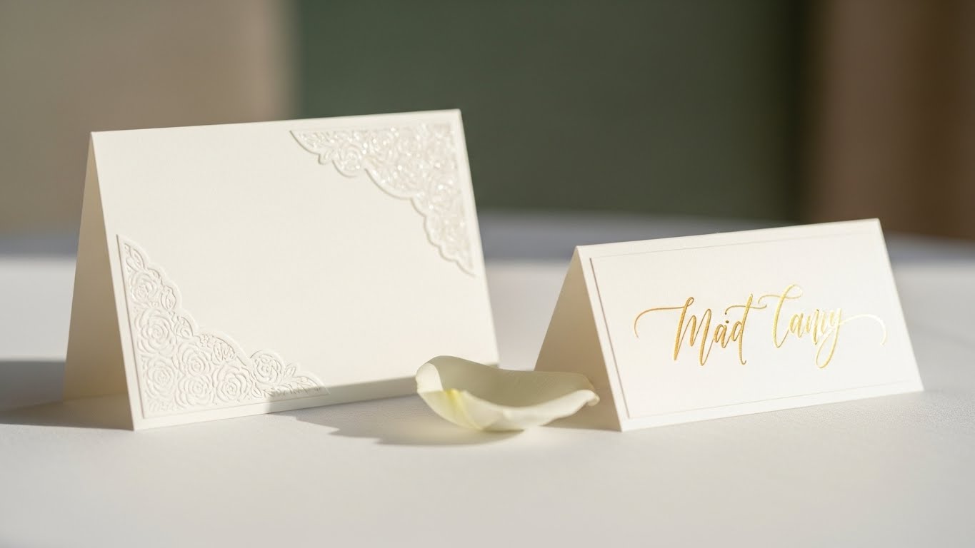 披露宴会場のゲストテーブルで席札と並んで置かれているカード型引き出物ギフトカード