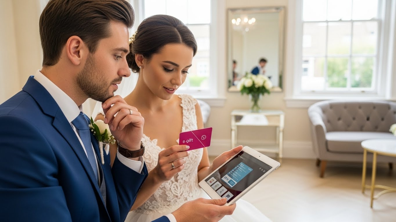 ブライダルサロンでタブレットのe-giftシステムを確認しながらカード型引き出物を検討する新郎新婦