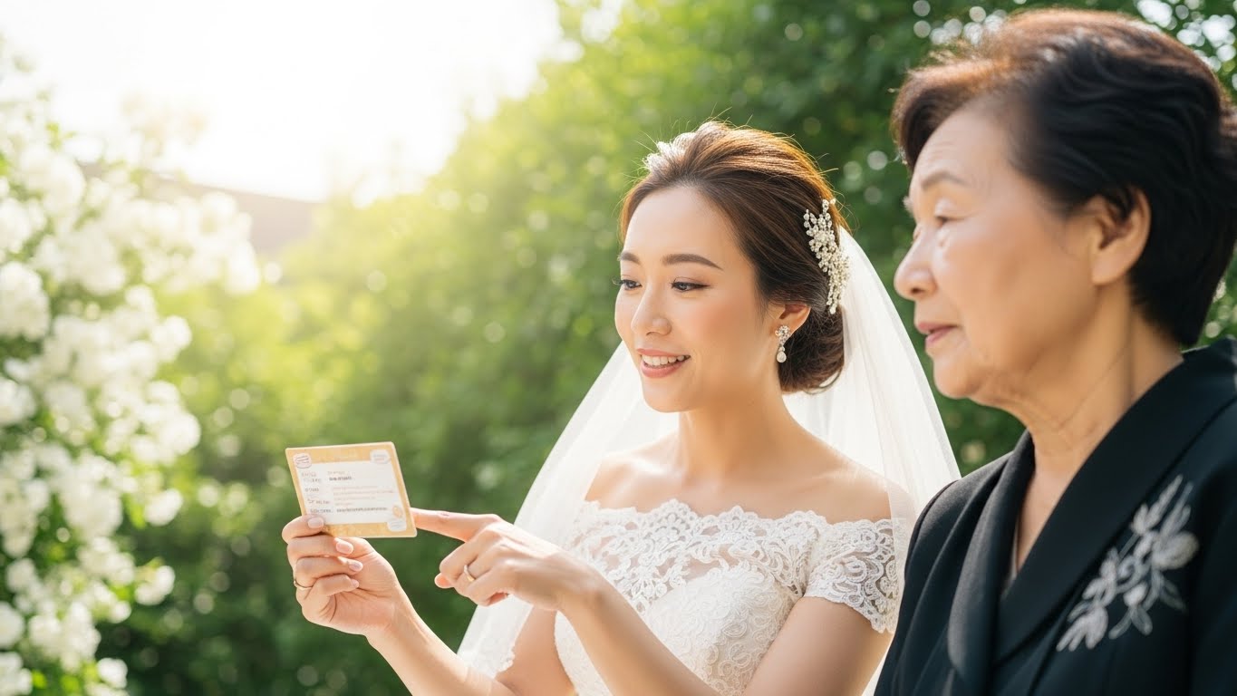 式場ガーデンで高齢親族にカード型引き出物の使い方を説明する新婦